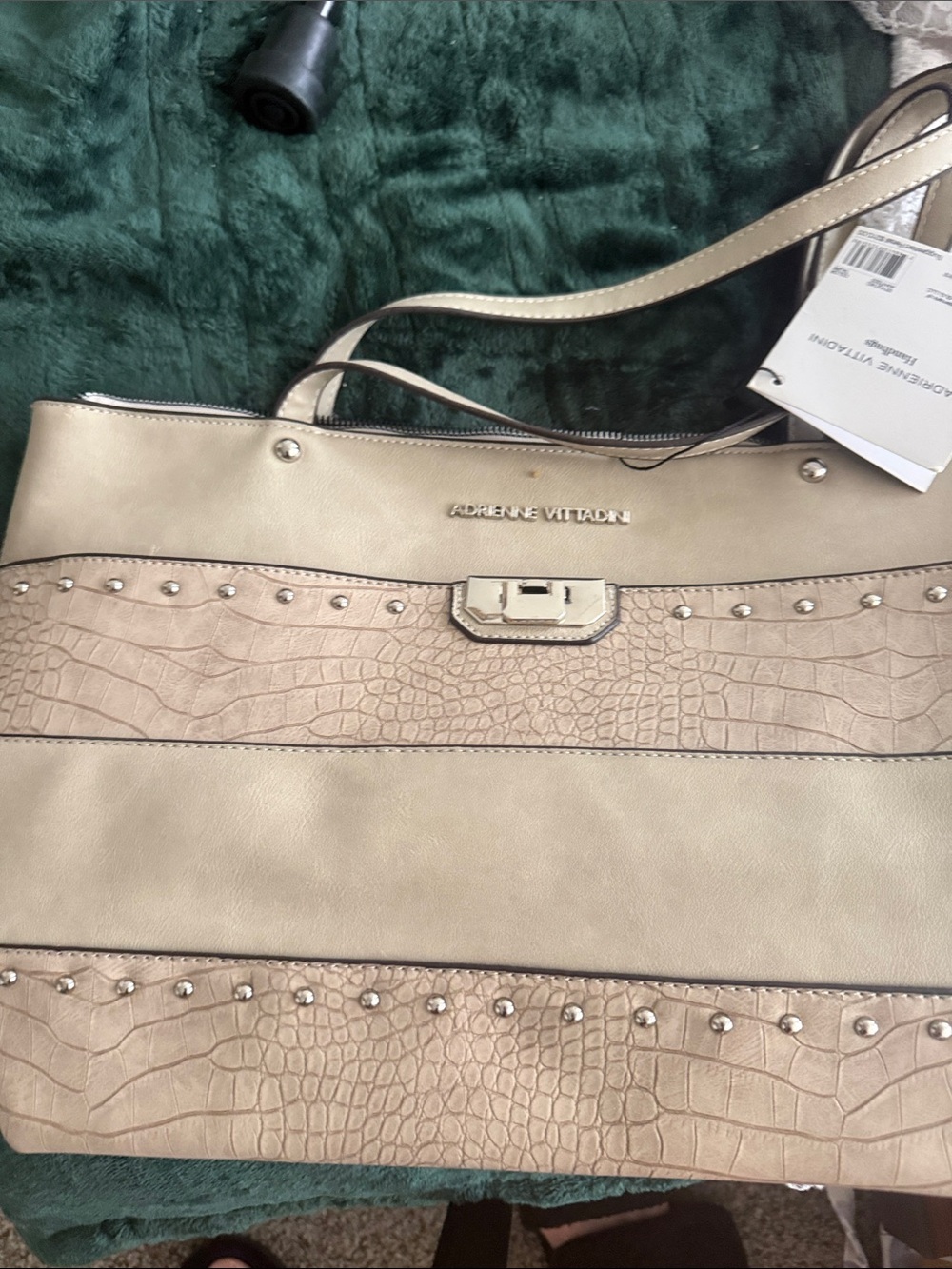 Adrienne Vittadini Beige and Tan Croc-Embossed Tote with Stud Accents